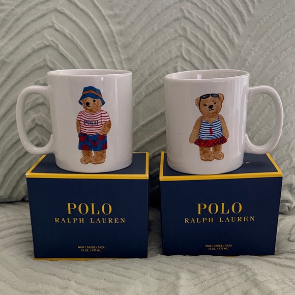 Ralph Lauren Other - Ralph Lauren White Bear Mug Duo with Red & Blue Outfits